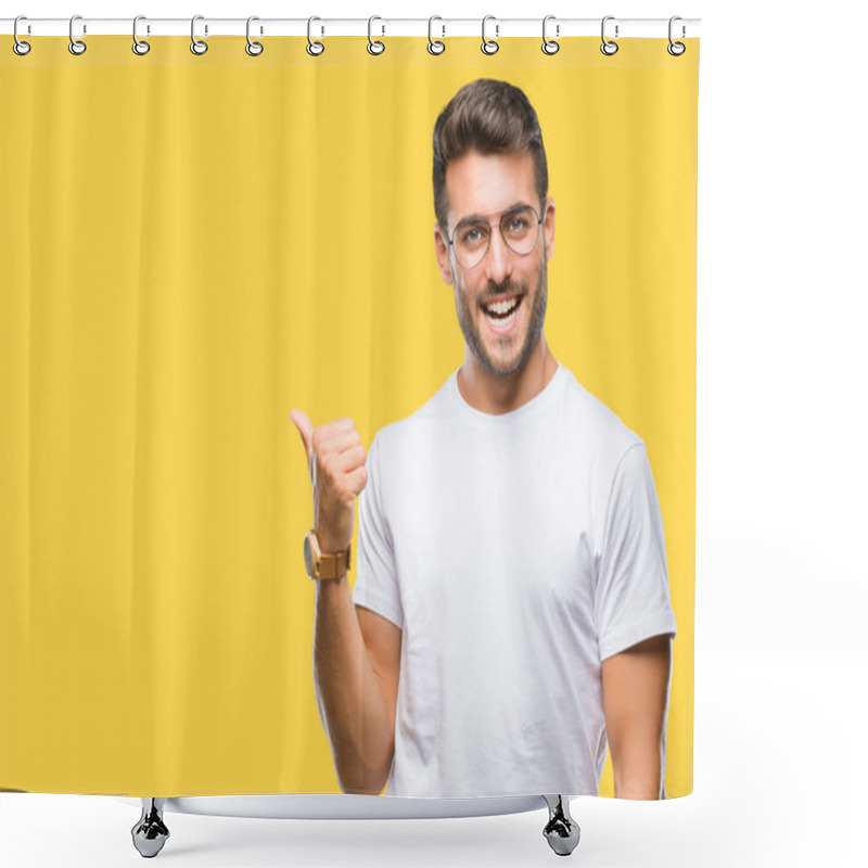 Personality  Young Handsome Man Wearing Glasses Over Isolated Background Smiling With Happy Face Looking And Pointing To The Side With Thumb Up. Shower Curtains