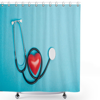 Personality  Top View Of Decorative Red Heart With Stethoscope On Blue Background, World Health Day Concept Shower Curtains