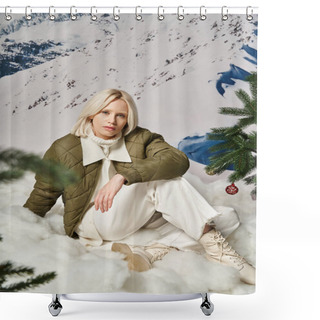 Personality  Attractive Blonde Woman In Warm Stylish Jacket Sitting On Snow Looking At Camera, Winter Fashion Shower Curtains