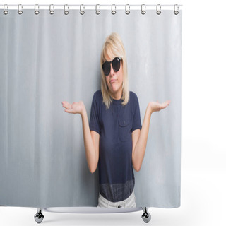 Personality  Adult Caucasian Woman Over Grunge Grey Wall Wearing Sunglasses Clueless And Confused Expression With Arms And Hands Raised. Doubt Concept. Shower Curtains