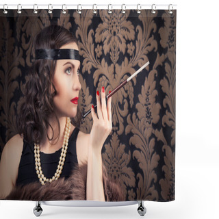 Personality  Retro Woman Holding Mouthpiece Shower Curtains