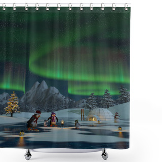 Personality  Penguins Under The Northern Lights At Christmas Time, 3d Render Shower Curtains