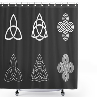 Personality  Celtic Knots Set On Black Background. Triquetra, Trinity Knot With Circle, Endless Loop. Ancient Ornaments Symbolizing Eternity. Trefoil Interconnected Lines. Infinite Knots. Vector Illustration. Shower Curtains