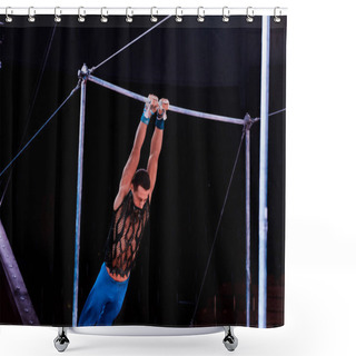 Personality  Athletic Man Performing On Horizontal Bars In Arena Of Circus   Shower Curtains