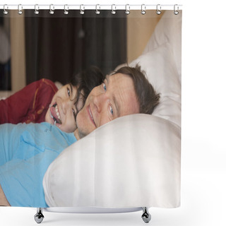 Personality  Father Sleeping In Bed With Disabled Young Son, Laughing And Smi Shower Curtains
