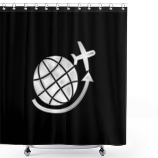 Personality  Airplane Flying Around Earth Grid Silver Plated Metallic Icon Shower Curtains