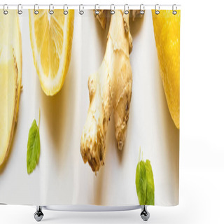 Personality  Top View Of Ginger Root, Lemon And Mint Leaves On White Background, Panoramic Shot Shower Curtains