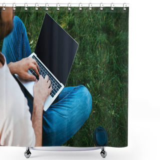 Personality  Cropped Image Of Man Using Laptop With Blank Screen In Park Shower Curtains