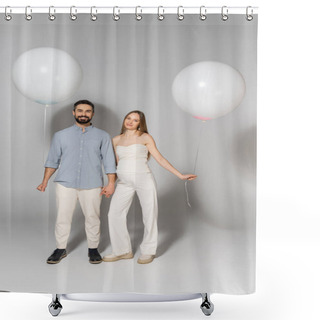 Personality  Full Length Of Positive And Stylish Expecting Parents Looking At Camera While Holding Hands And Balloons During Gender Reveal Surprise Party On Grey Background, Expecting Parents Concept Shower Curtains