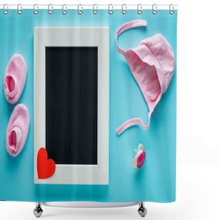 Personality  Top View Of Empty Chalkboard With Baby Hat, Booties And Pacifier On Blue Background, Concept Of Mothers Day  Shower Curtains