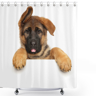 Personality  Funny German Shepherd Puppy Over A White Banner Shower Curtains