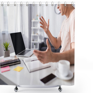 Personality  Cropped View Of Shocked Freelancer Sitting Near Laptop And Stationery On Table At Home, Concept Of Earning Online Shower Curtains