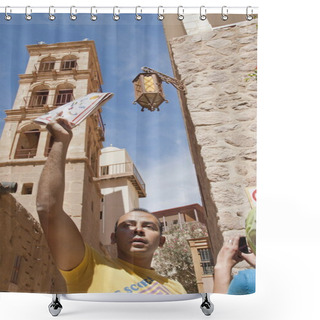 Personality  Tour Guide Calls His Tourists In St. Catherine's Monastery In Egypt Shower Curtains