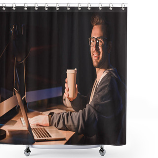 Personality  Smiling Young Programmer In Eyeglasses Holding Coffee To Go While Working With Laptop And Desktop Computer Shower Curtains