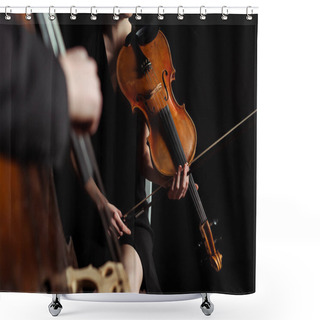 Personality  Partial View Of Professional Musicians Playing On Violin And Double Bass On Dark Stage, Selective Focus Shower Curtains