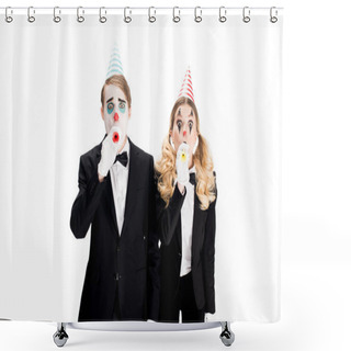 Personality  Couple Of Clowns In Suits Blowing In Birthday Blowers Isolated On White  Shower Curtains