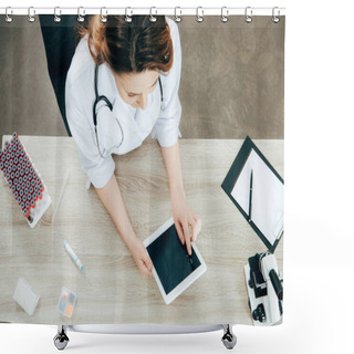 Personality  Overhead View Of Doctor In White Coat Using Digital Tablet With Blank Screen Shower Curtains