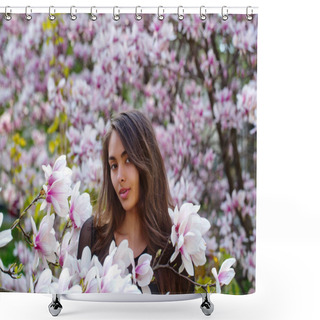Personality  Woman With Long Hair Posing At Blossoming Magnolia Tree Shower Curtains
