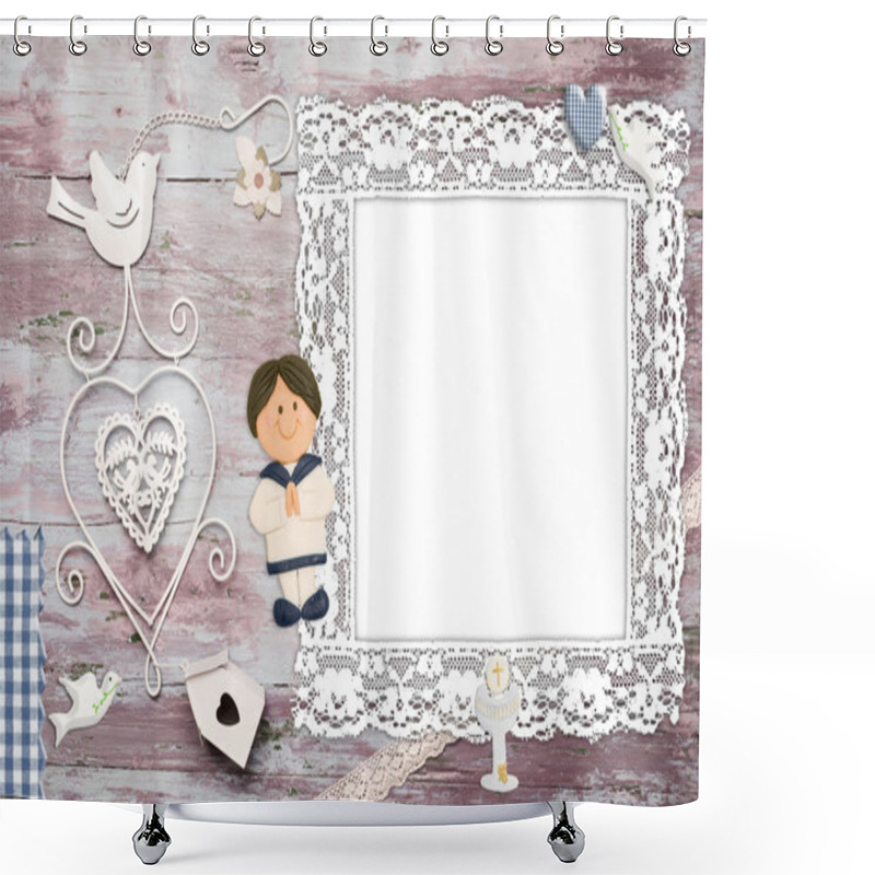 Personality  First Communion Photo Frame Invitation Boy Shower Curtains