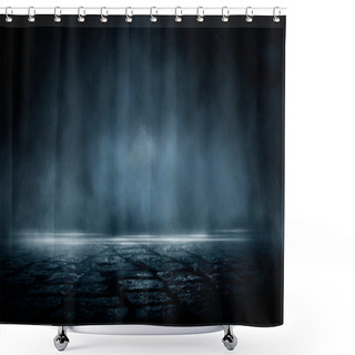 Personality  Dark Dramatic Abstract Scene Background. Neon Glow Reflected On The Pavement. Smoke, Smog And Fog. Dark Street, Wet Asphalt, Reflections Of Rays In The Water. Abstract Dark Blue Background.  Shower Curtains