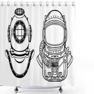 Personality  Human Inventions: Ancient Diving Helmet, Astronaut`s Suit. Past And Future. Depth Science. Vector Illustration Isolated On A White Background.  Print, Poster, T-shirt, Card. Shower Curtains