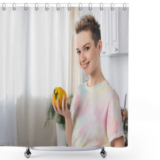 Personality  Happy Pangender Person Holding Whole Bell Pepper And Looking At Camera In Kitchen Shower Curtains