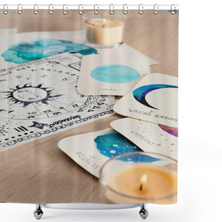 Personality  Selective Focus Of Watercolor Drawings With Moon Phases On Cards And Zodiac Signs On Wooden Table With Candles  Shower Curtains