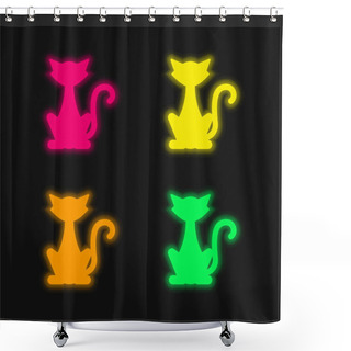 Personality  Black Cat Four Color Glowing Neon Vector Icon Shower Curtains