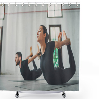 Personality  Yoga Practice Exercise Class Concept. Two Beautiful People Doing Exercises.Young Woman And Man Practicing Yoga Indoors. Shower Curtains