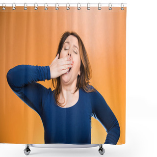 Personality  Sleep Deprived Young Woman Placing Hand On Mouth Yawning Shower Curtains