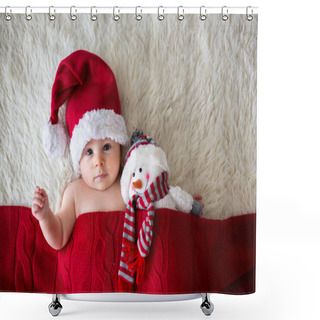 Personality  Christmas Portrait Of Cute Little Newborn Baby Boy, Wearing Santa Hat And Hugging Little Cute Snowman Toy, Studio Shot, Winter Time Shower Curtains