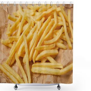 Personality  Close-up Shot Of Delicious French Fries Spilled Over Crumpled Paper Shower Curtains