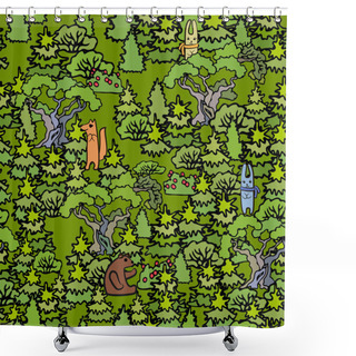 Personality  Cartoon Oak And Fir Trees Seamless Pattern Background.Hand Drawn Shower Curtains