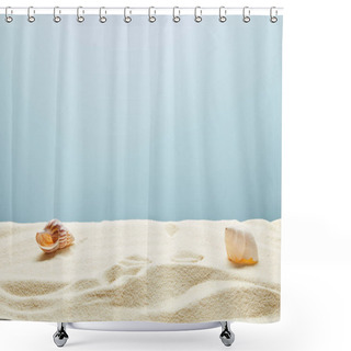 Personality  Wavy Textured Golden Sand With Seashells On Blue Background Shower Curtains