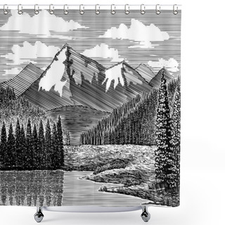 Personality  Woodcut-style Illustration Of A River With A Mountain In The Background. Shower Curtains
