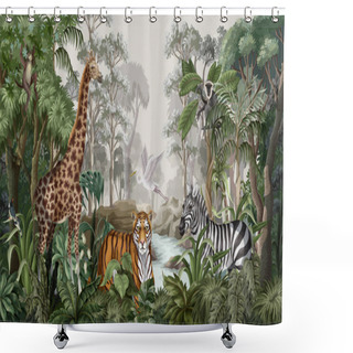 Personality  Jungle Landscape With Wild Animals For Kids. Vector Shower Curtains