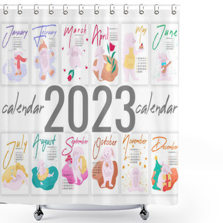 Personality  Vertical Calendar With Illustrations Of Rabbits For Each Month Of The Year, Calendar For 2023, Monthly Calendar With Cute Drawings Of A Character Doing Different Actions Shower Curtains