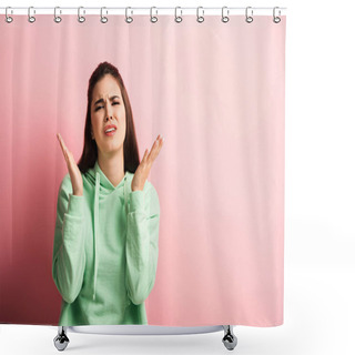 Personality  Upset Girl Looking At Camera While Standing With Open Arms On Pink Background Shower Curtains