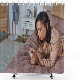 Personality  African American Woman Lying On Bed, Looking At Pregnancy Test, Making Decision, Abortion Concept Shower Curtains
