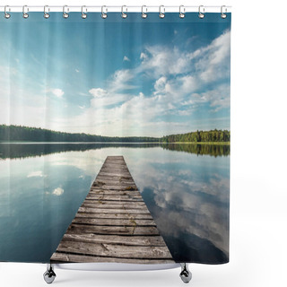 Personality  Wooden Pier On The Background Of A Beautiful Lake Summer Dawn Landscape. Copy Space Shower Curtains