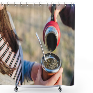 Personality  Two Unrecognizable Young Women Friends Serving And Drinking Yerba Mate In The Country Side At Sunset. High Quality Photo Shower Curtains