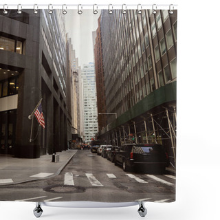 Personality  Cars Parked On Roadway Of Narrow Street Near Dark Modern Buildings In New York City, Urban Scene Shower Curtains