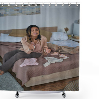 Personality  Despair, Depressed African American Woman Crying Near Baby Clothes On Bed, Miscarriage Concept Shower Curtains