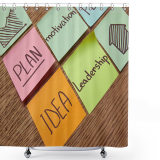 Personality  Paper Stickers With Words Plan, Idea, Leadership And Motivation On Wooden Tabletop Shower Curtains