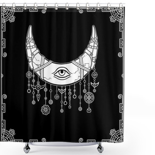 Personality  Magic Horn A Crescent, Moon In Armor. Eye Of Providence. Indian Motives, Boho Design. The White Drawing Isolated On A Black Background. Decorative Frame. Vector Illustration. Shower Curtains