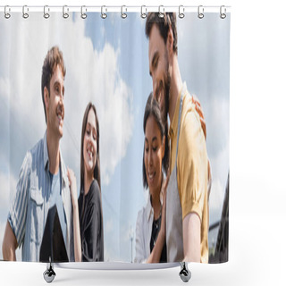 Personality  Smiling Interracial Couple Looking At Grill Near Friends Outdoors, Banner  Shower Curtains