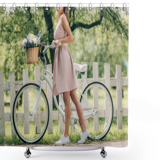 Personality  Cropped Shot Of Stylish Woman In Dress With Retro Bicycle With Wicker Basket Full Of Flowers At Countryside Shower Curtains