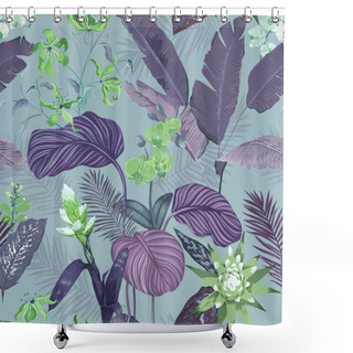 Personality  Seamless Tropical Background, Floral Print With Exotic Guzmania Orchid Blossoms, Jungle Flowers And Leaves, Rainforest Plants, Nature Ornament For Textile Cloth Or Wrapping Paper Vector Illustration Shower Curtains