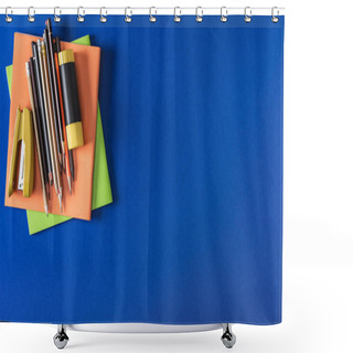 Personality  Top View Of Textbooks, Different Pencils, Stapler And Glue Stick On Blue Background  Shower Curtains