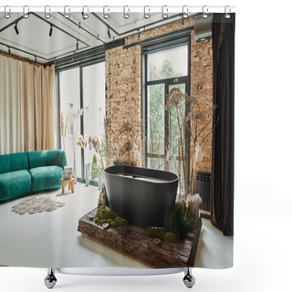 Personality  Black Bathtub Inside Of Modern Apartment With Blue Velour Sofa, Panoramic Windows And Plants Shower Curtains